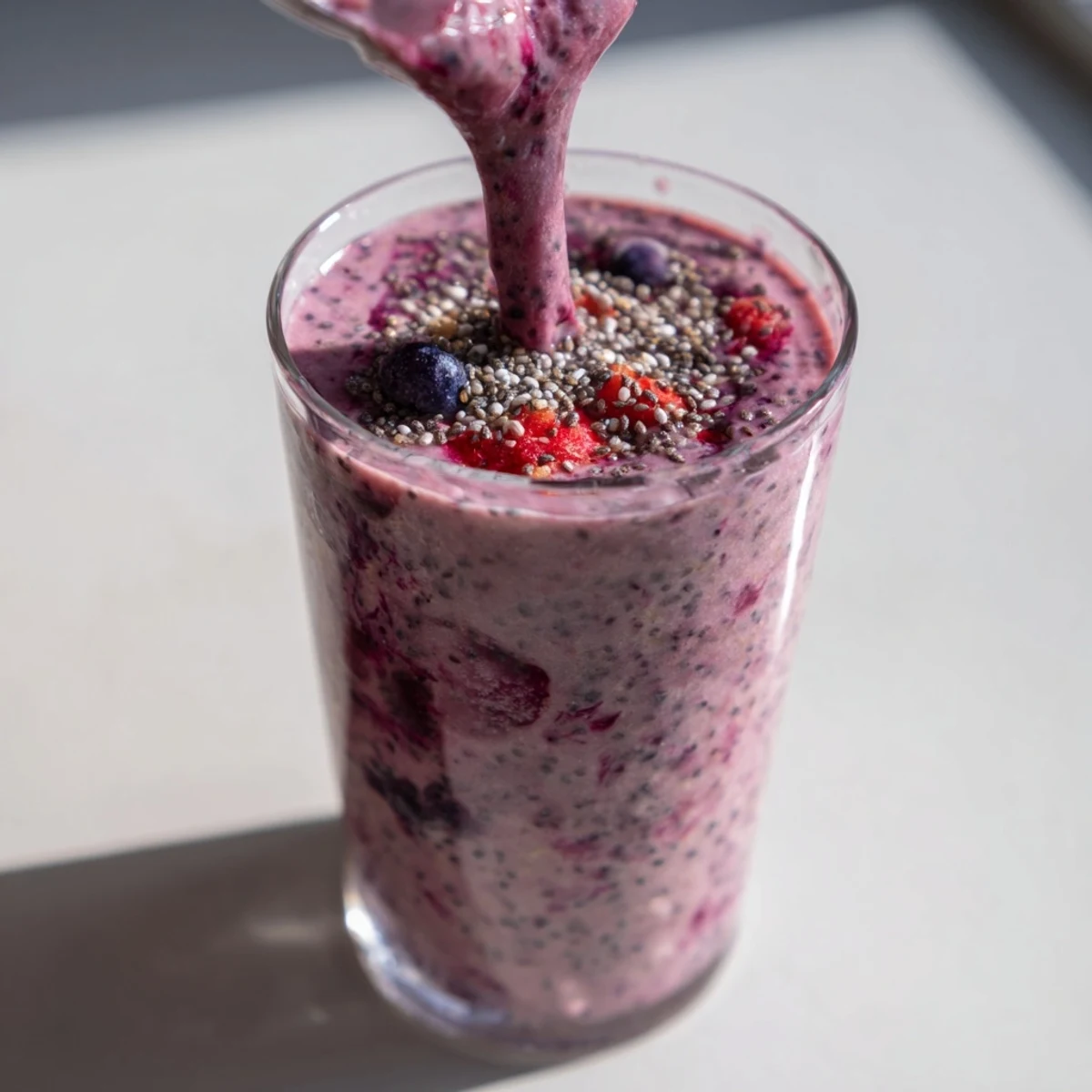 Creamy purple chia seed smoothie topped with fresh berries in a clear glass
