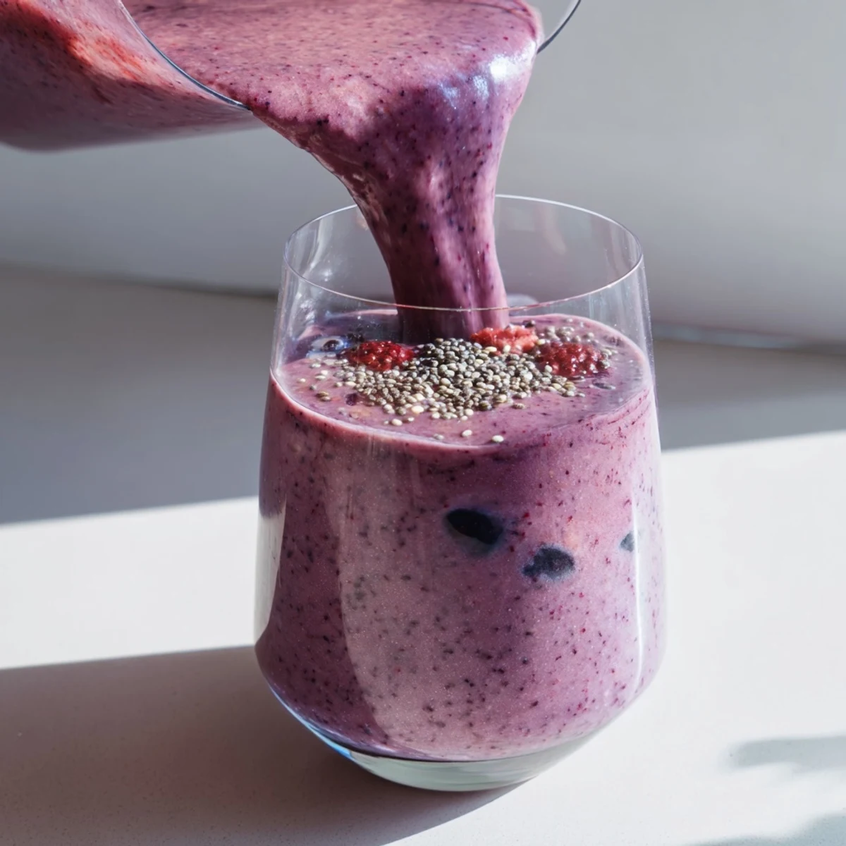Thick berry chia seed smoothie blended with banana and almond milk breakfast