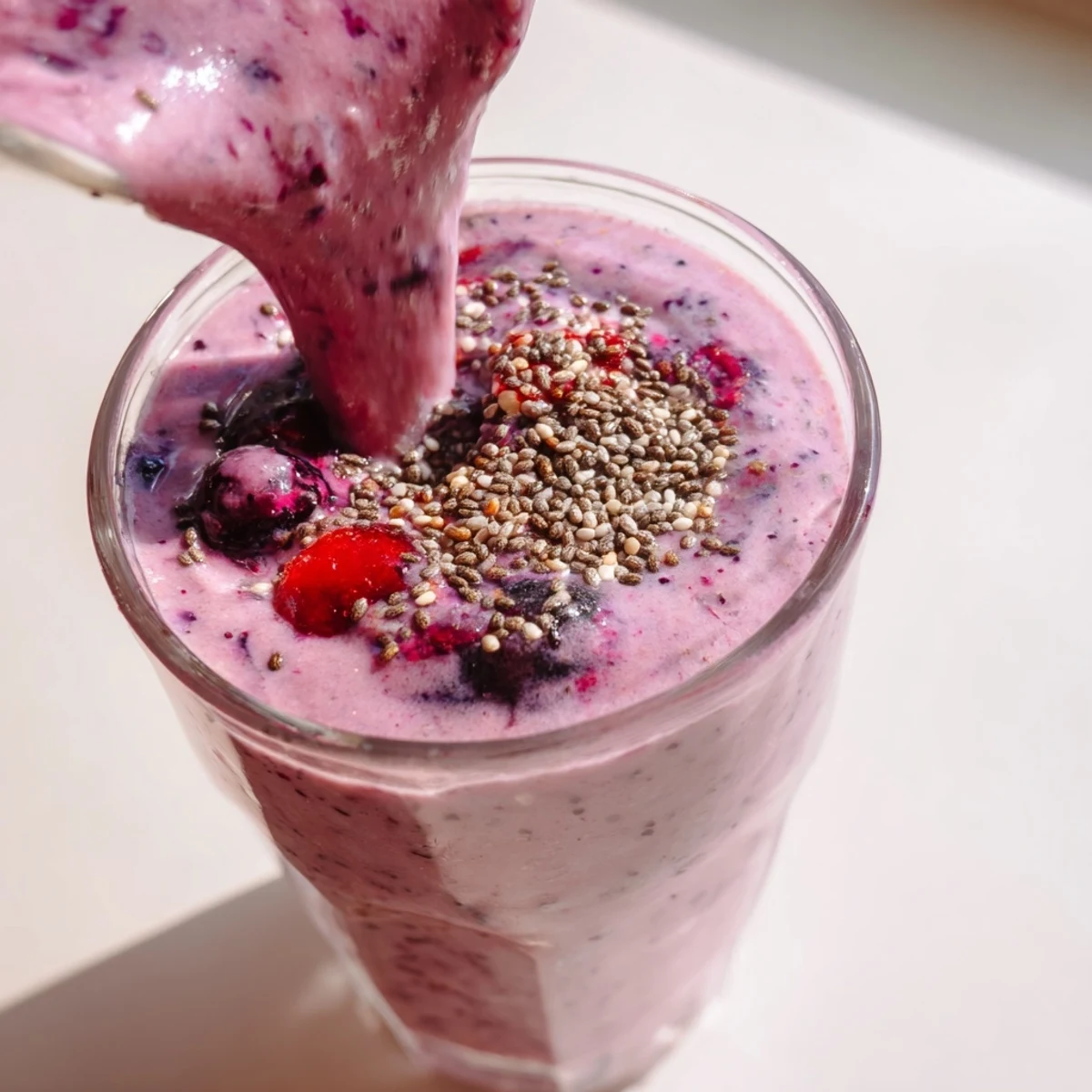 Vibrant purple chia seed smoothie garnished with extra seeds and fruit slices