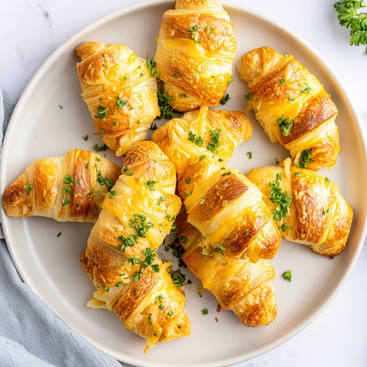 Golden brown cheesy garlic butter rollups fresh from the oven with bubbling melted cheese center