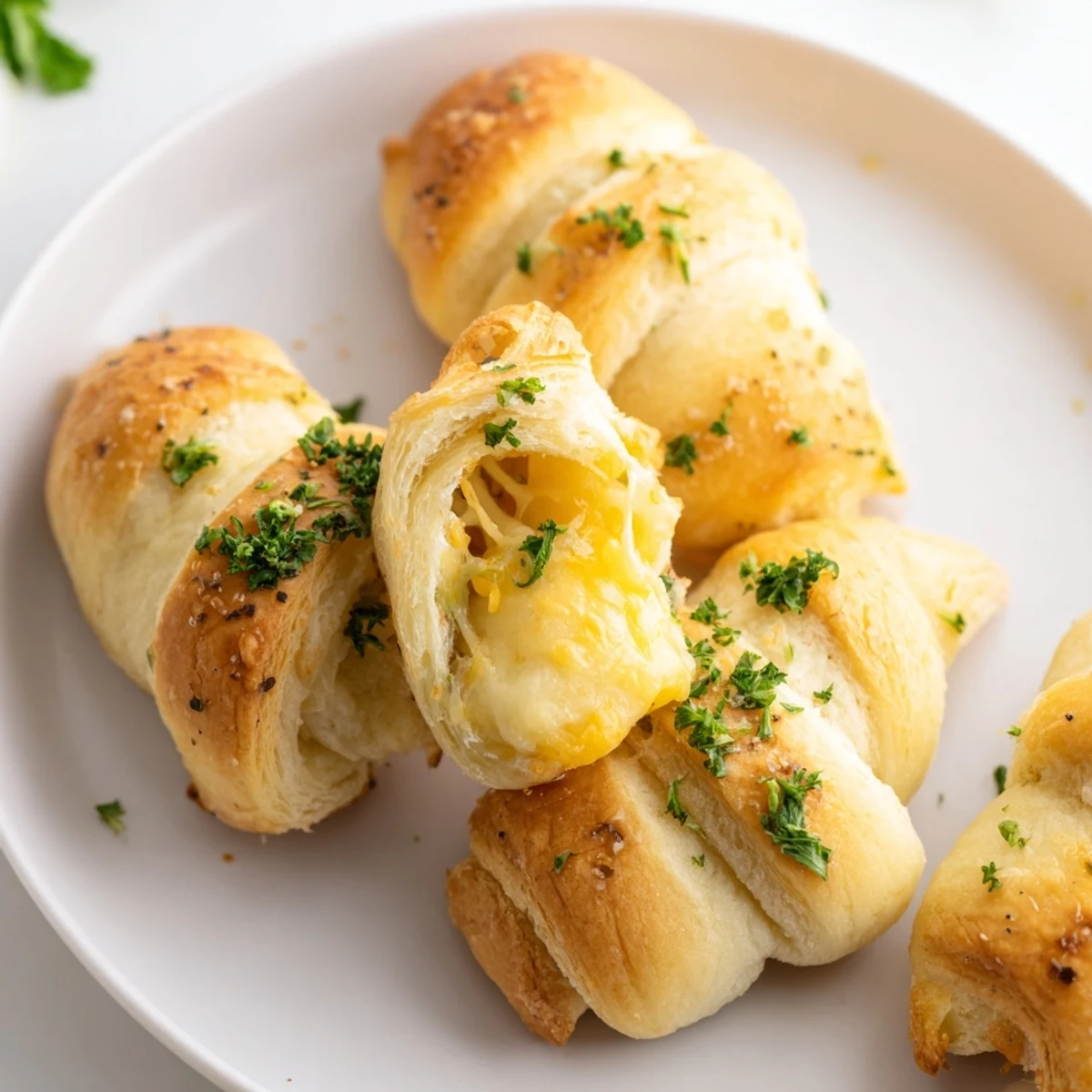 Warm appetizer of cheese-filled garlic butter rollups arranged on white baking sheet ready to serve