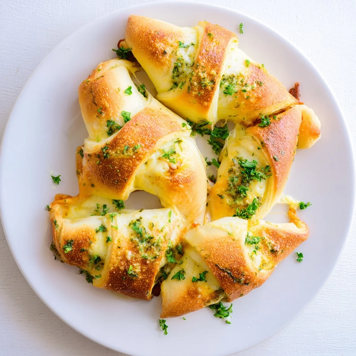 Flaky crescent rollups stuffed with three cheese blend and coated in garlic parsley butter