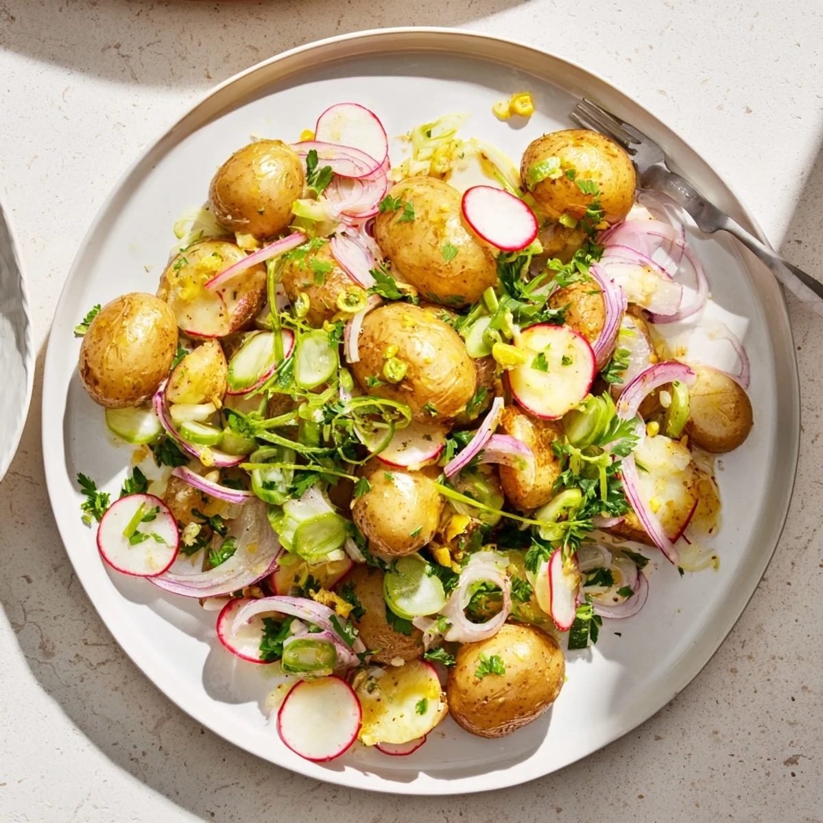 Warm roasted potato salad bowl topped with fresh chives parsley and celery slices