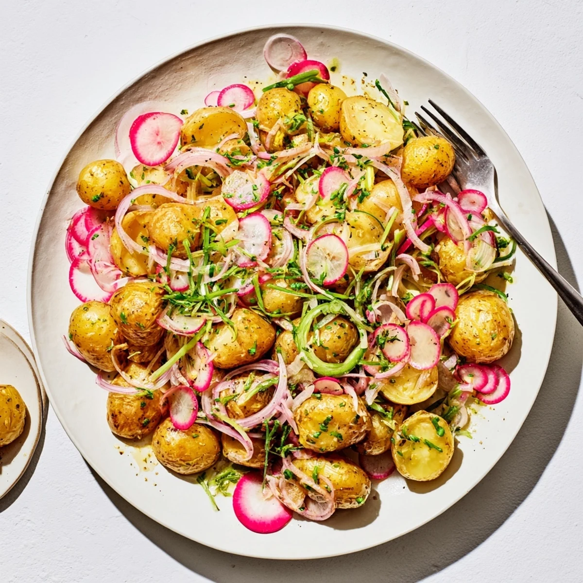 Golden roasted potato salad tossed with crisp red onion and tangy mustard dressing