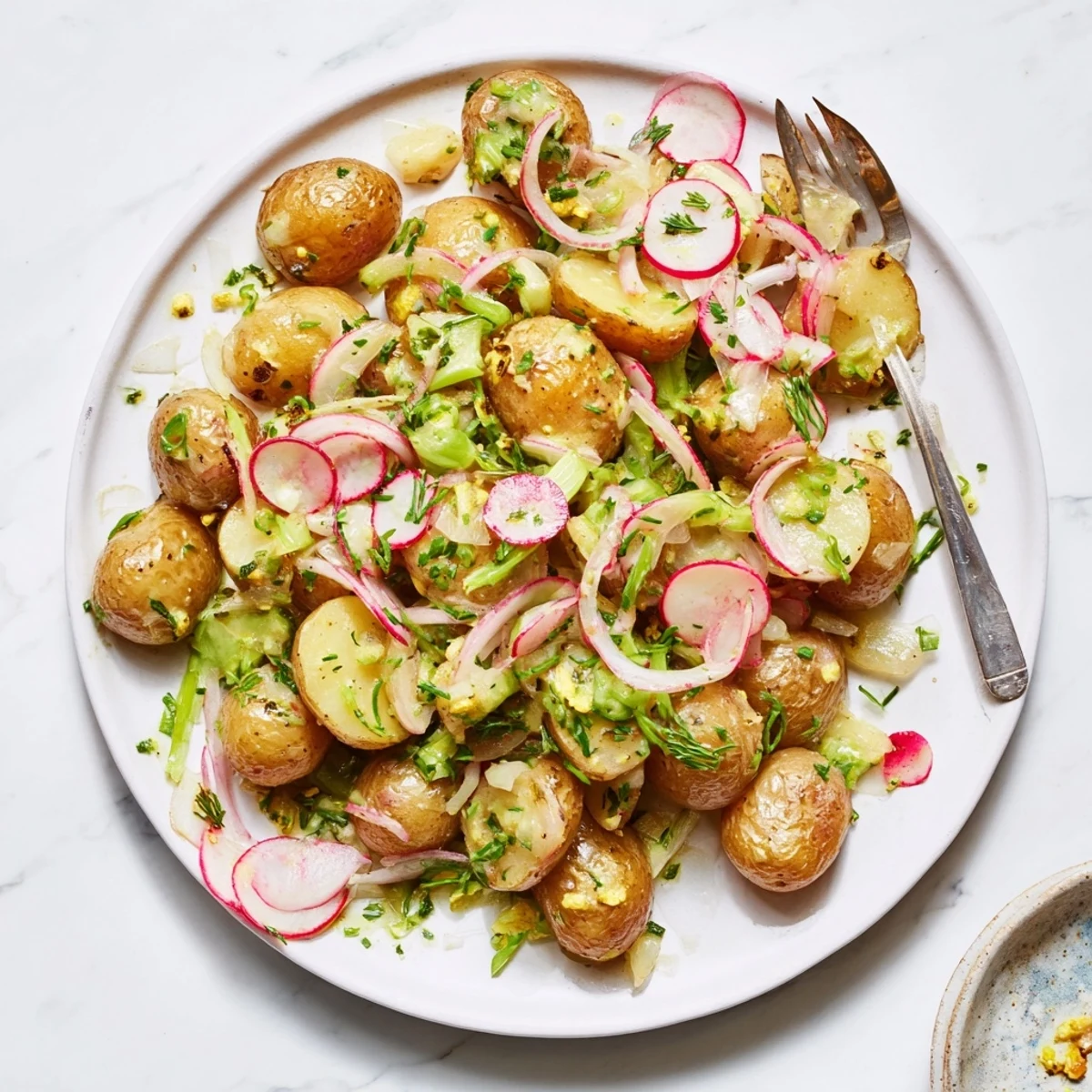 Crispy roasted potato salad with radishes served at a summer picnic gathering