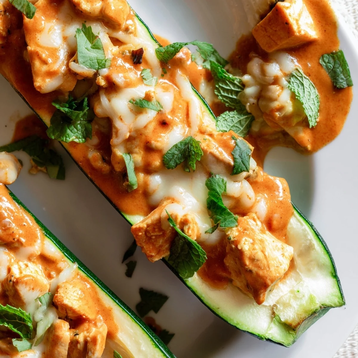 Tender roasted zucchini halves filled with rich Indian butter chicken garnished with chopped herbs