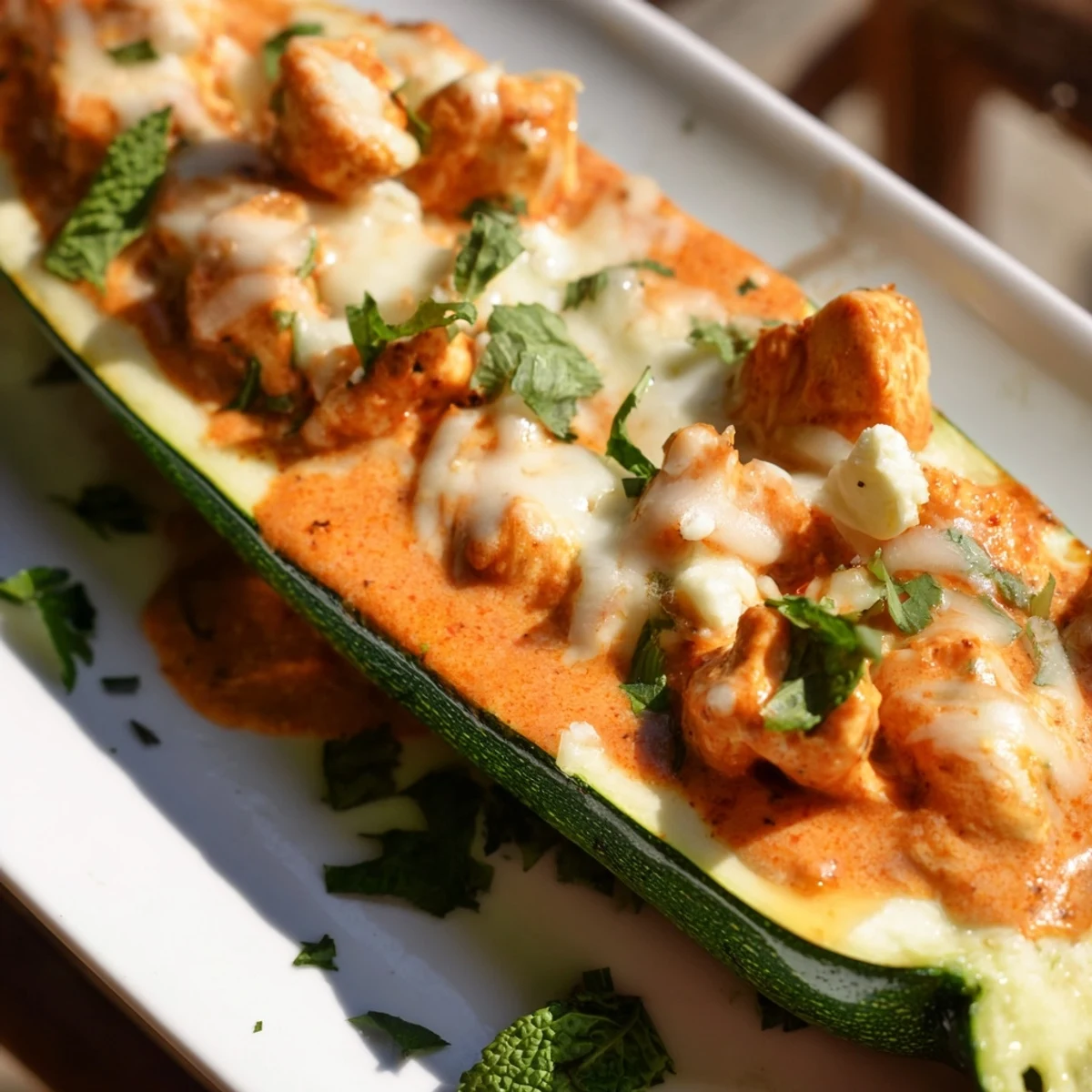 Golden baked zucchini boats overflowing with creamy spiced butter chicken topped with fresh green cilantro