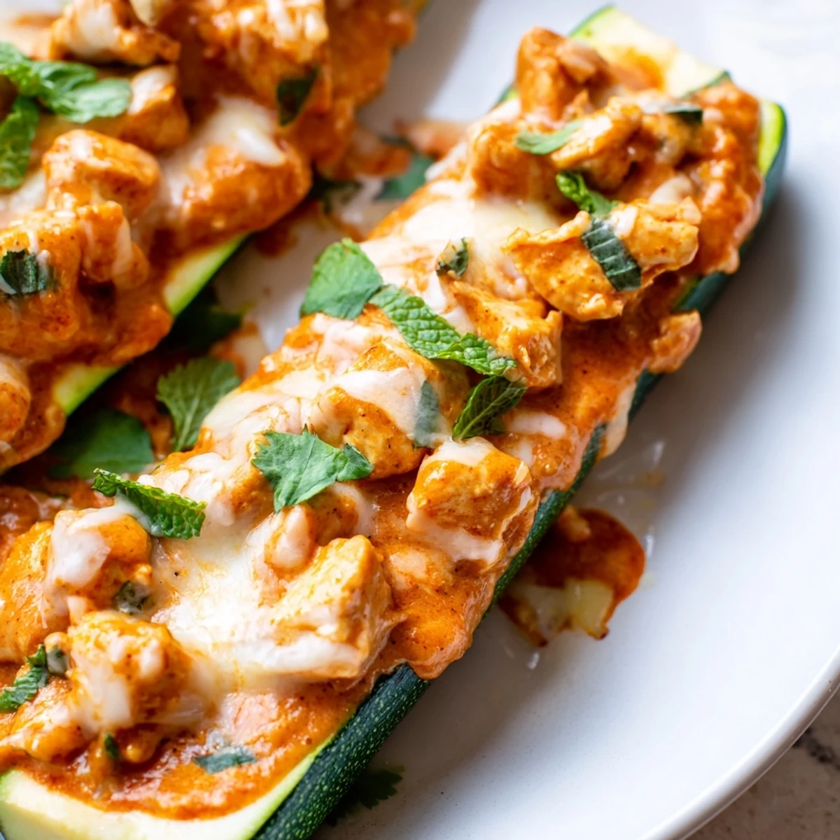 Gluten-free butter chicken stuffed zucchini boats baking in oven with melted cheese and herbs
