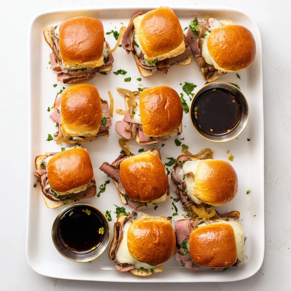 Savory roast beef piled high on toasted slider rolls with melted cheese and caramelized onions for easy party appetizers