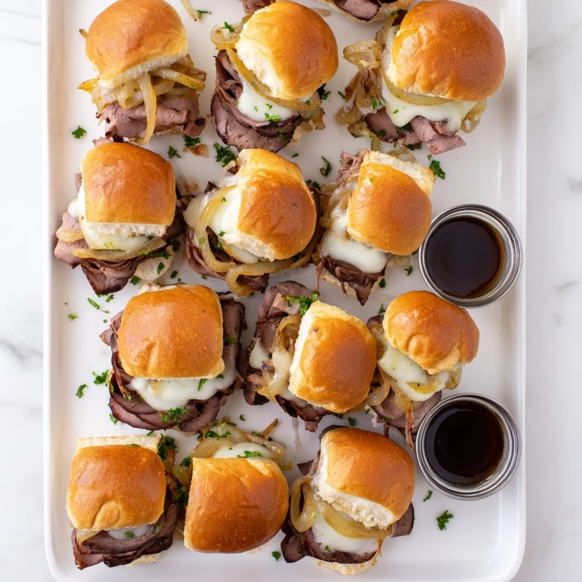 Golden melted provolone blankets tender roast beef on soft French dip sliders served with rich au jus dipping sauce