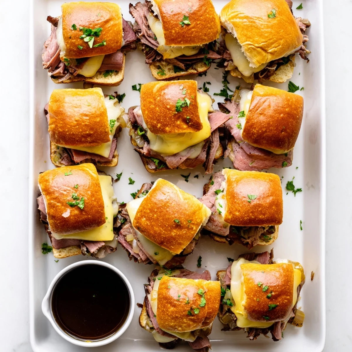 Baked French dip sliders feature juicy beef and gooey cheese on mini brioche buns alongside flavorful beef broth for dipping