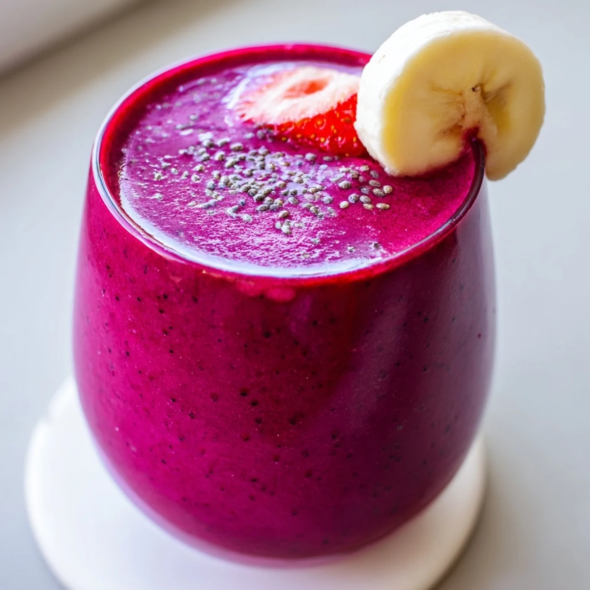Vibrant beet smoothie with swirls of creamy yogurt and visible fruit chunks