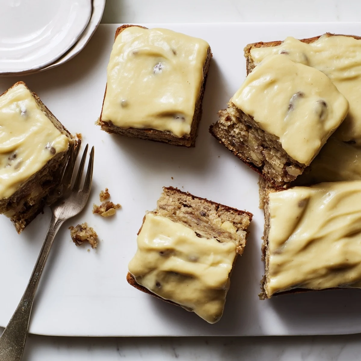 Golden banana bread brownies bars drizzled with rich brown butter frosting, ready to serve