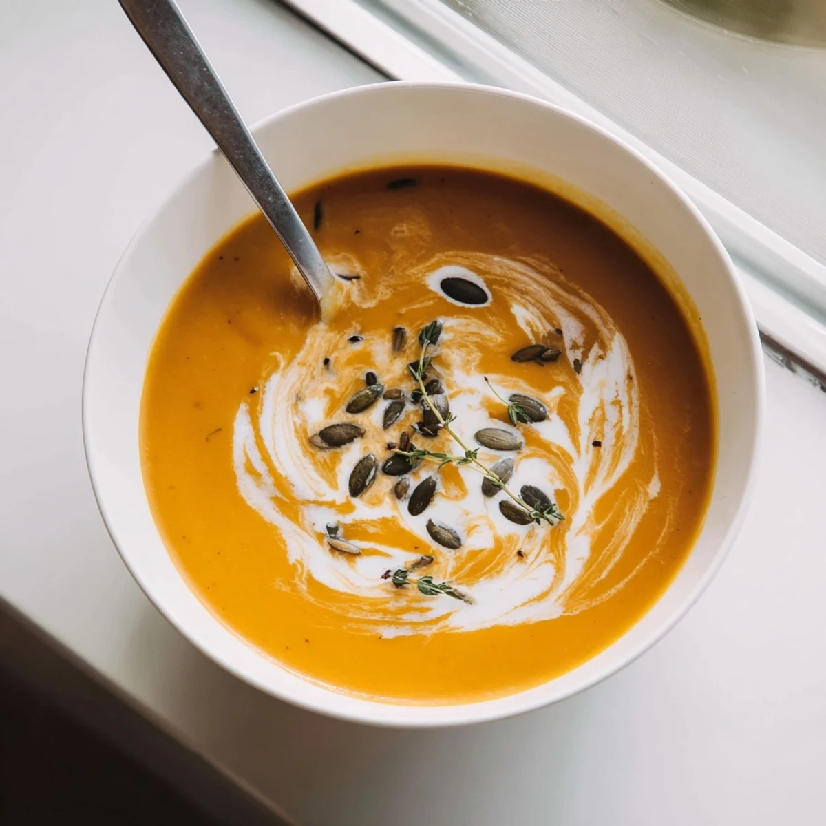 Creamy vegetarian butternut squash soup swirl drizzled over smooth caramelized orange puree in white bowl
