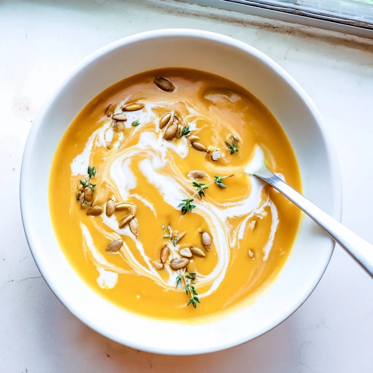 Golden bowl of roasted butternut squash soup garnished with fresh thyme and toasted pumpkin seeds