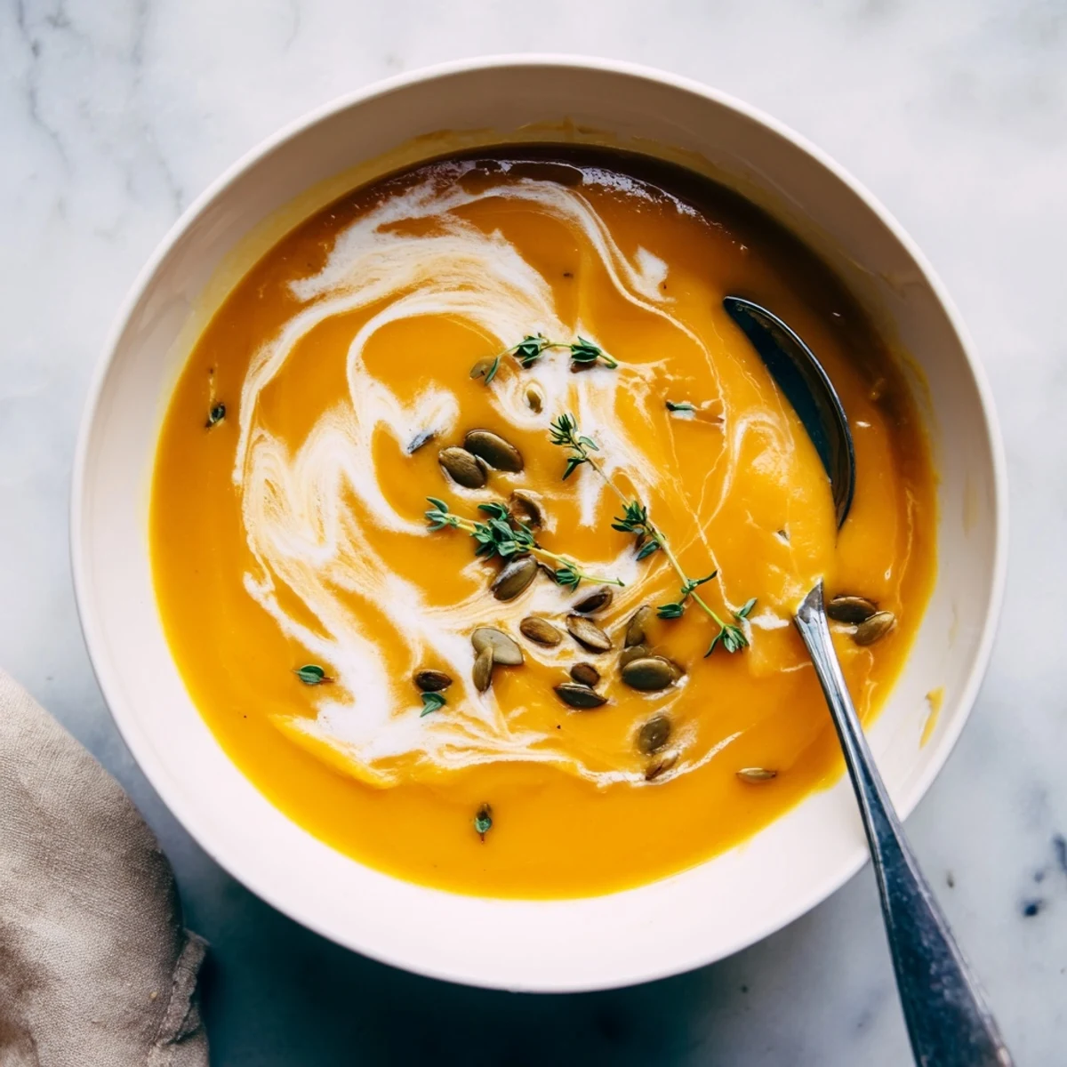 Steaming roasted butternut squash soup with crusty bread on rustic wooden table for autumn comfort