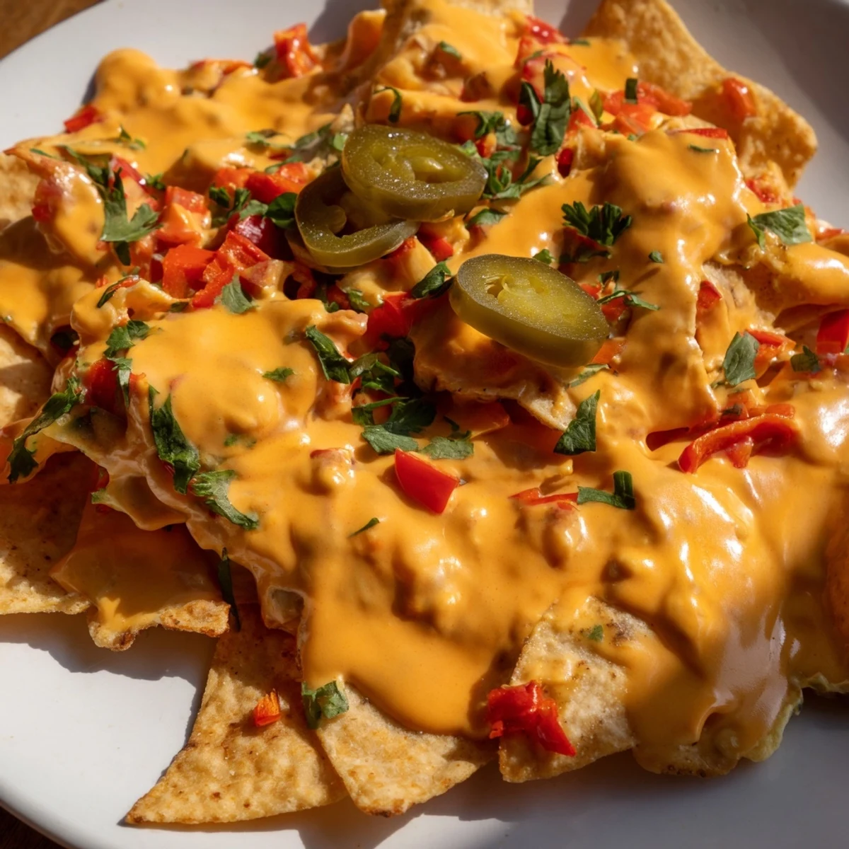 Creamy nacho cashew cheese sauce drizzled generously over crispy tortilla chips with jalapeños
