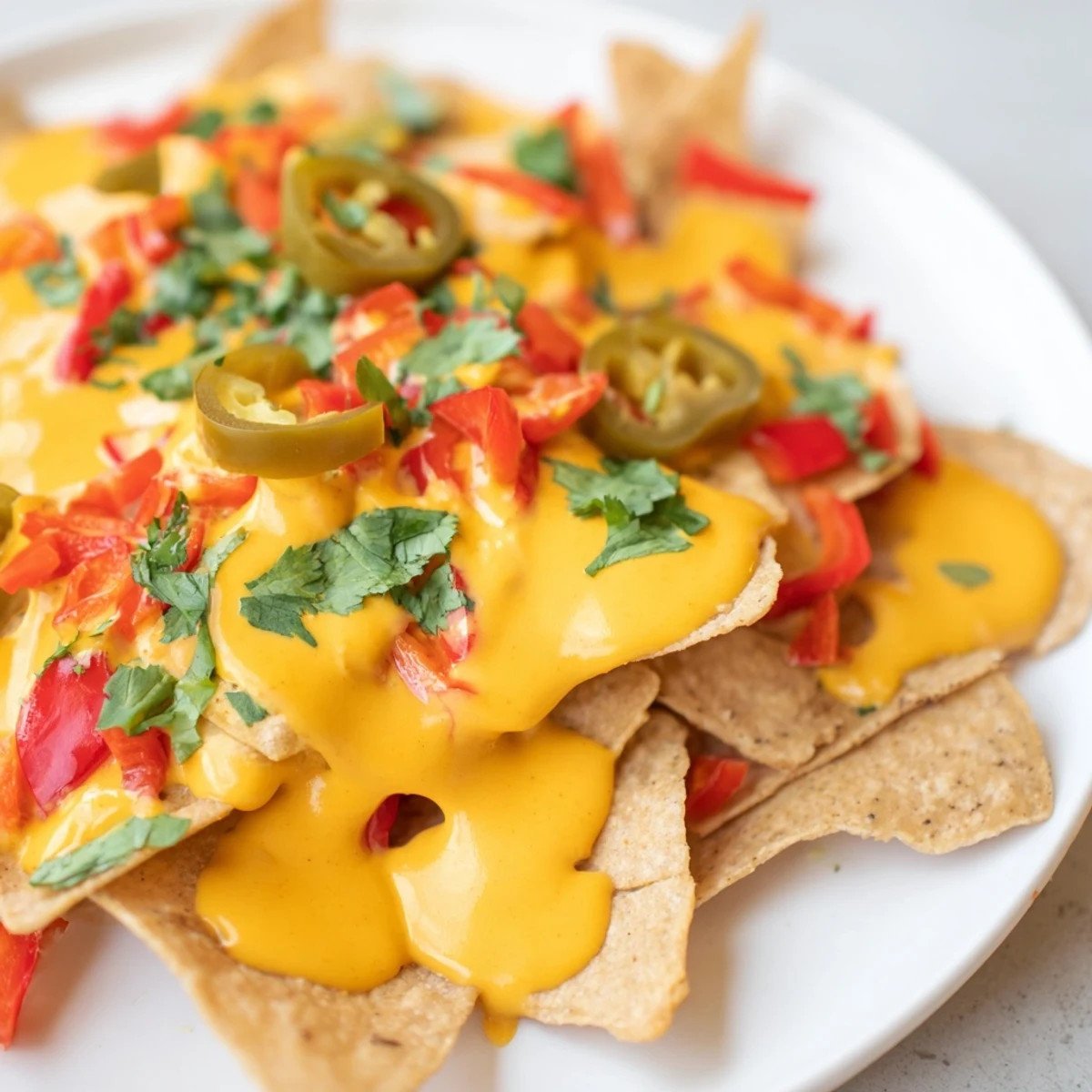 Golden dairy-free nacho cashew cheese sauce served in a bowl with fresh vegetable crudités