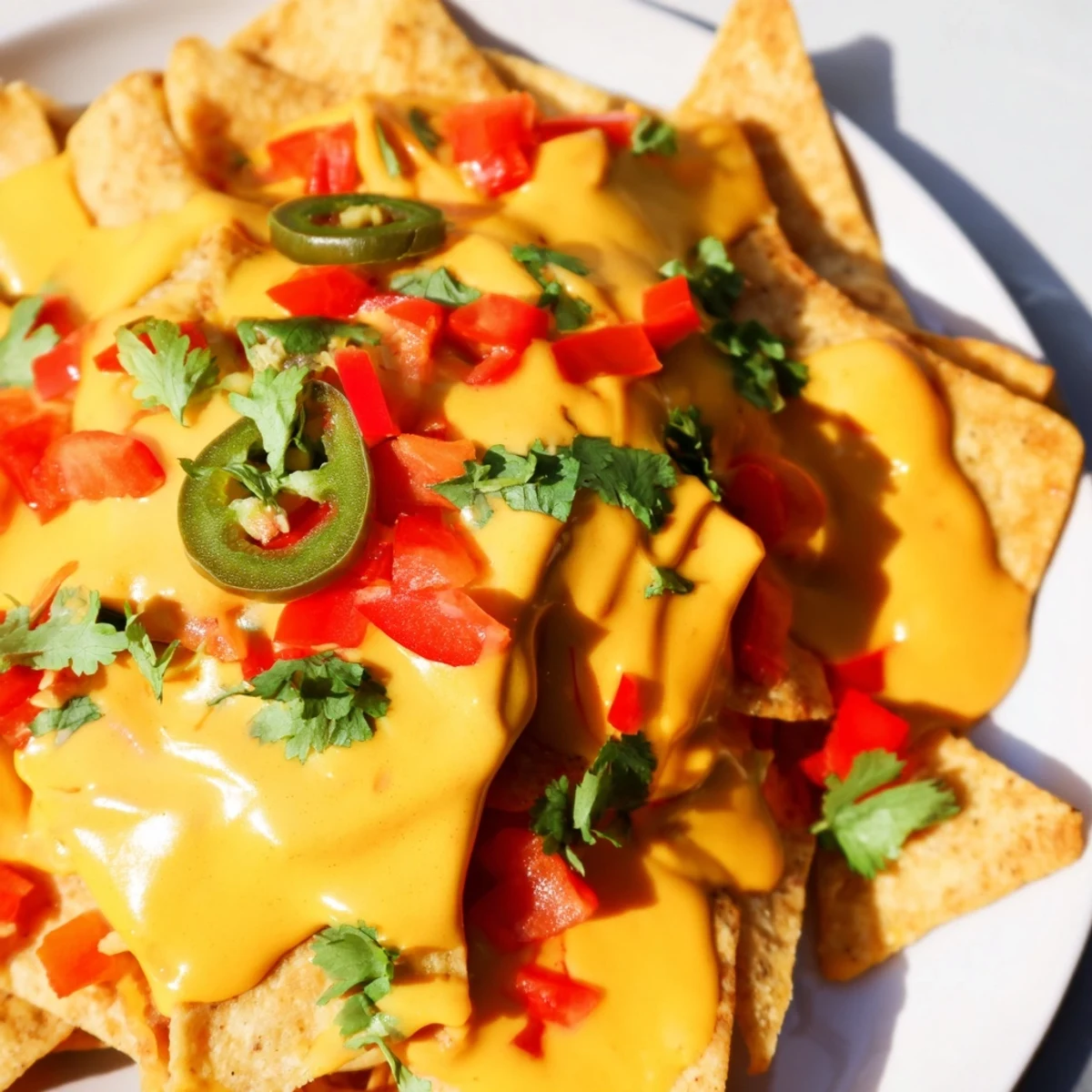 Vibrant orange nacho cashew cheese sauce poured over loaded vegan nachos with colorful toppings