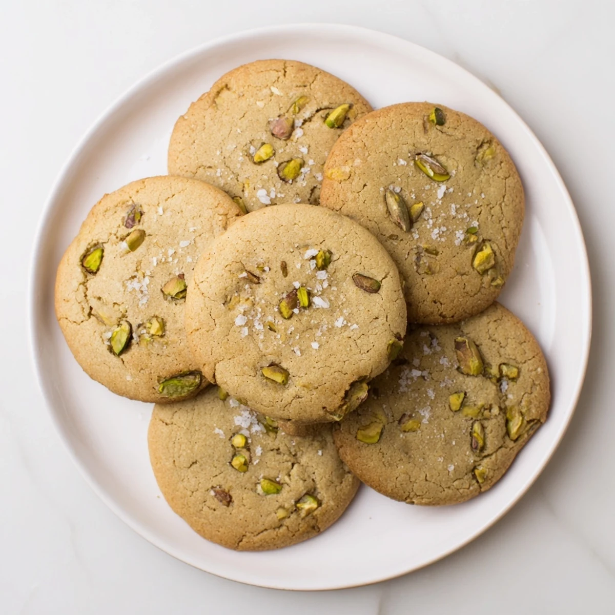 Golden brown salted honey pistachio cookies with chunks of green nuts and sea salt on top
