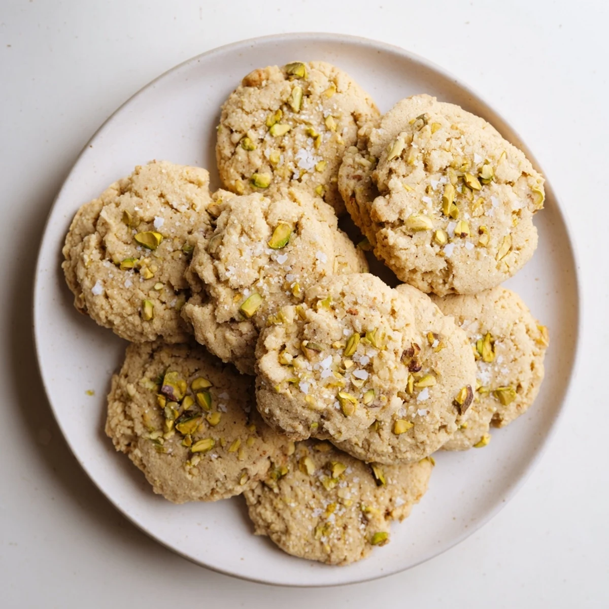 Soft chewy honey pistachio cookies stacked on a wire rack with flaky salt crystals