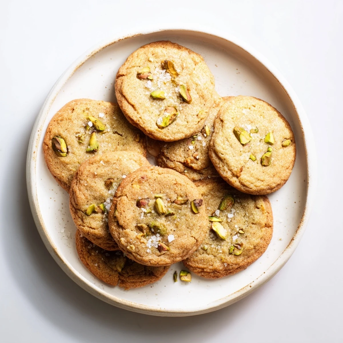 Close up of warm salted honey pistachio cookies showing golden edges and chopped pistachios