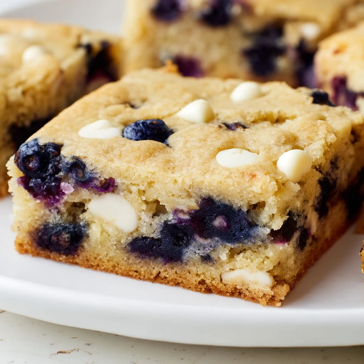 Golden blueberry blondies bars studded with juicy berries and white chocolate chips