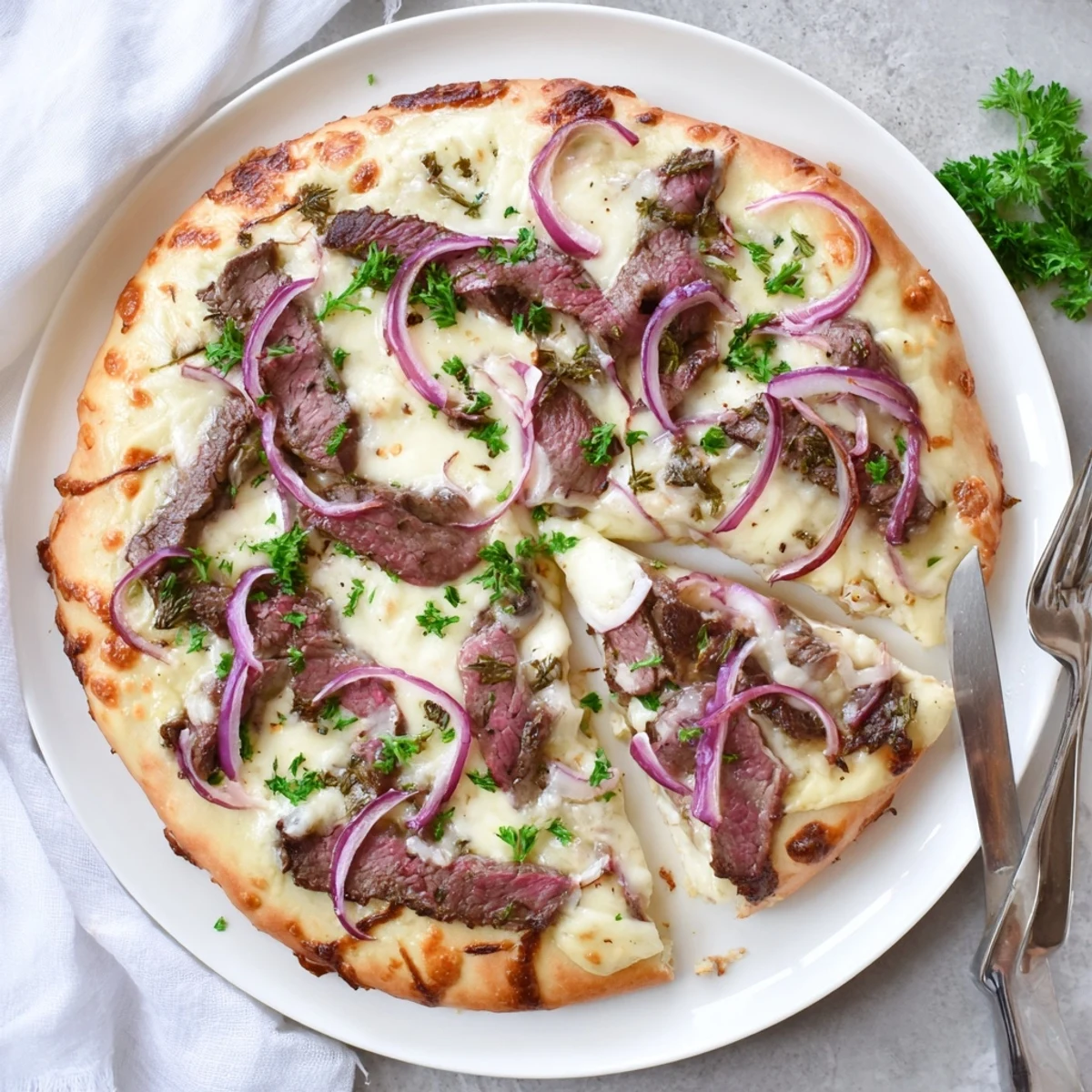 Homemade Beef Alfredo Pizza featuring tender steak slices on a golden brown crispy crust