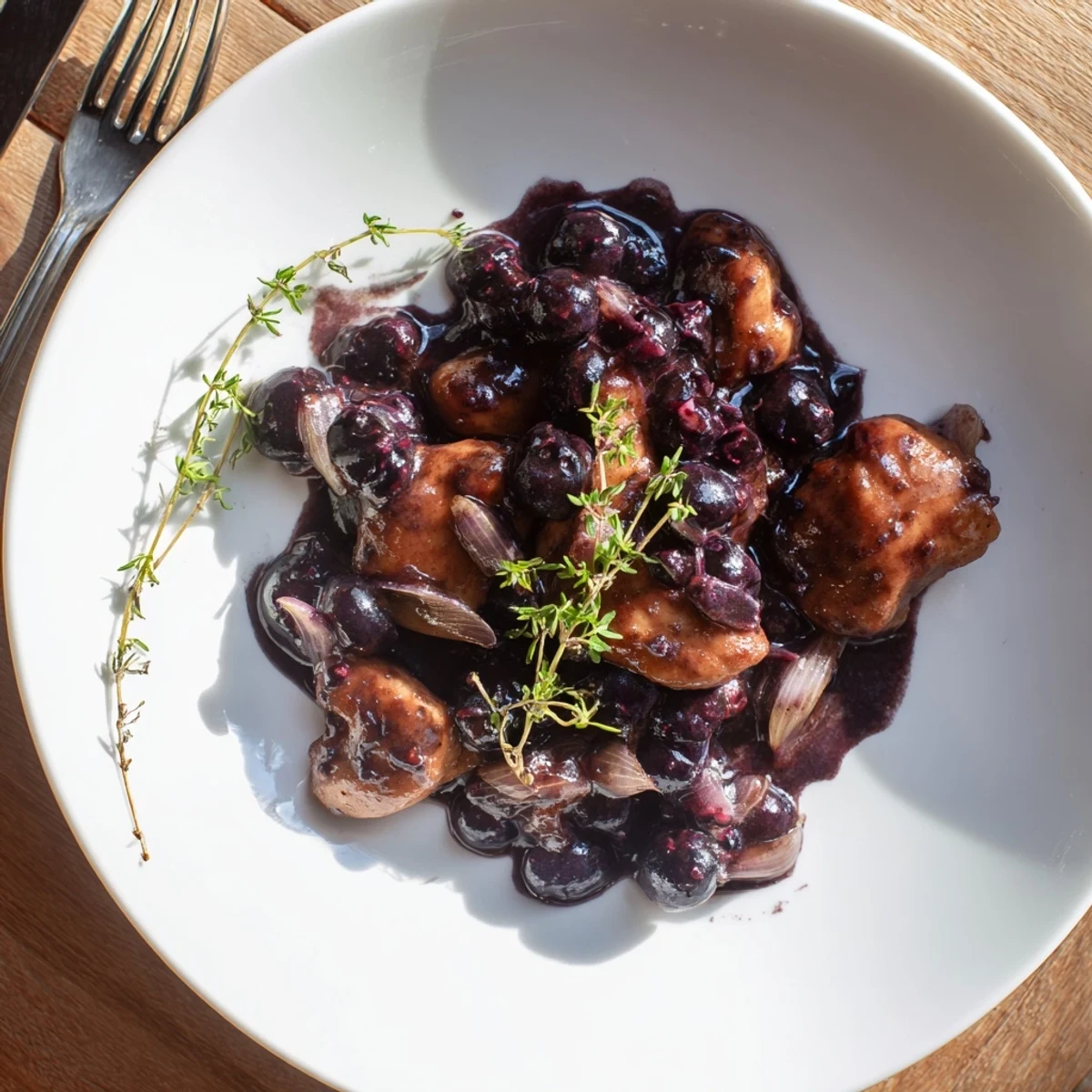 Succulent blueberry thyme chicken plated with glossy purple sauce and fresh thyme sprig garnish