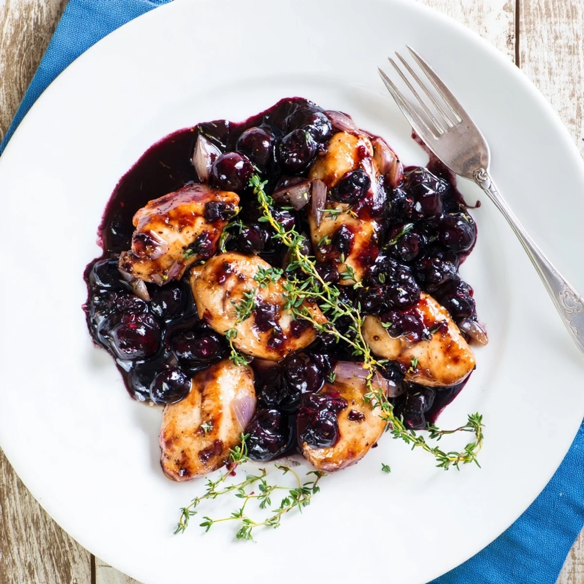 Golden pan-seared chicken breasts drizzled with rich blueberry thyme sauce garnished with fresh herbs