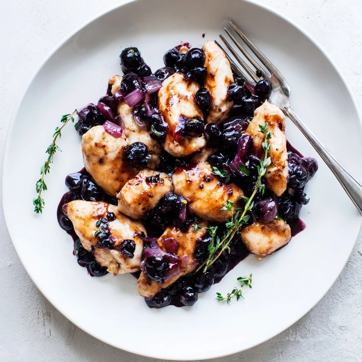 Tender chicken breast topped with sweet savory blueberry sauce and fresh thyme on white plate