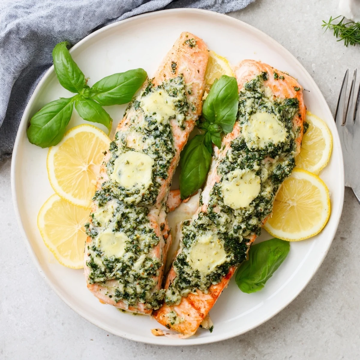 Flaky salmon moist with basil garlic butter sauce on white plate