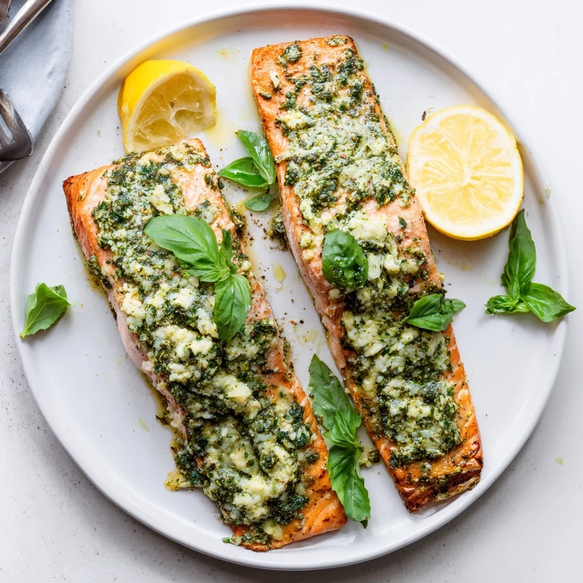 Golden oven-baked pesto butter salmon fillet with vibrant green herb topping