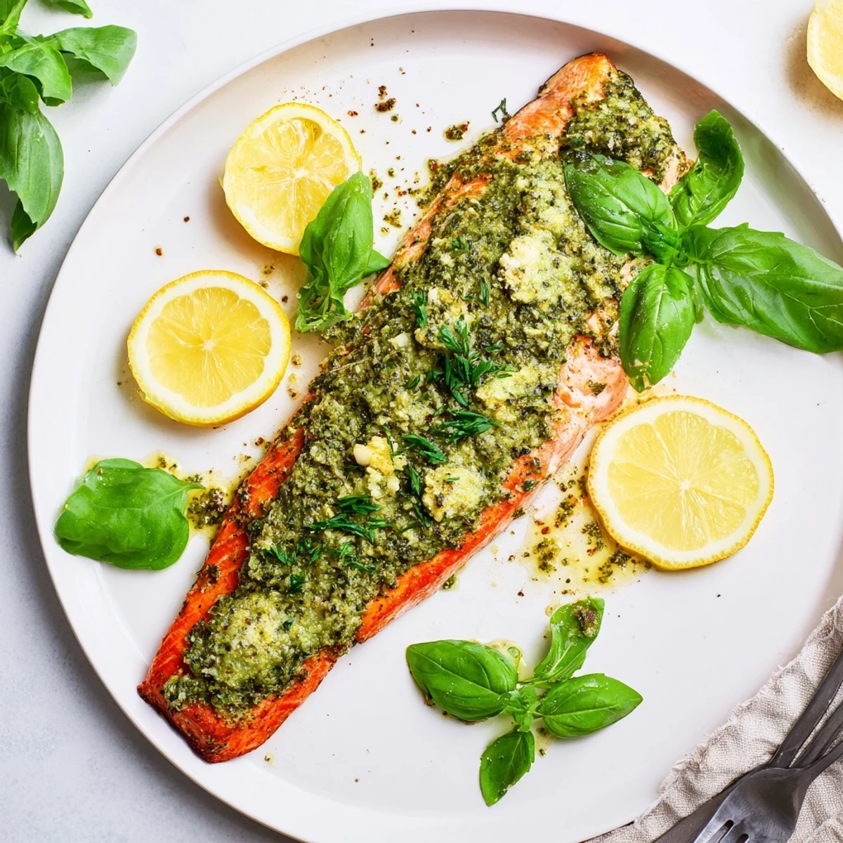 Succulent pesto butter salmon resting on baking sheet with lemon wedges