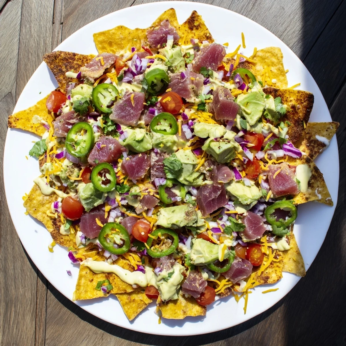 Golden tortilla chips piled high with seared tuna nachos deluxe, fresh avocado, and zesty jalapeño lime crema drizzle