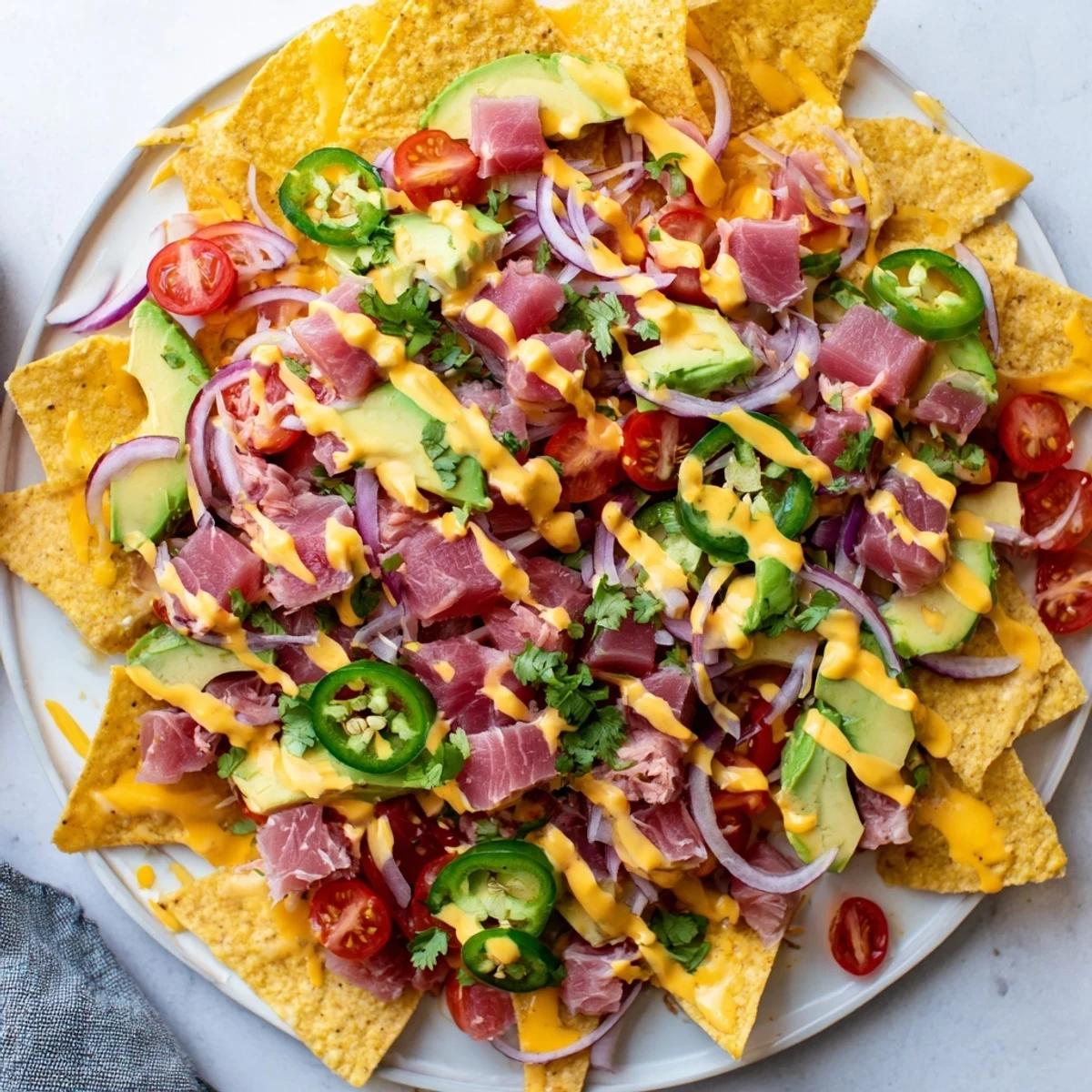 Appetizer spread of tuna nachos deluxe topped with marinated tuna cubes, cherry tomatoes, cilantro, and creamy jalapeño sauce