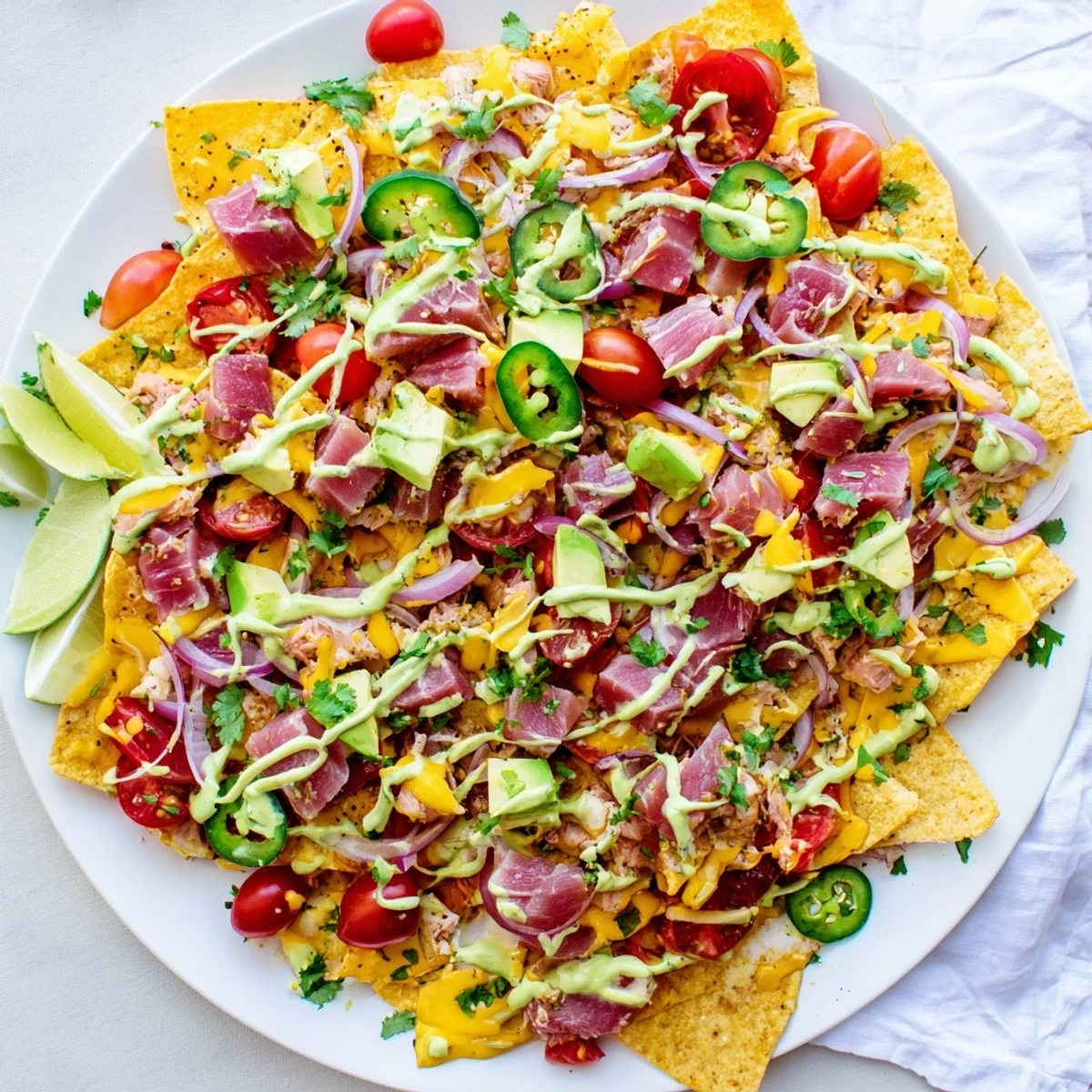 Plate of tuna nachos deluxe featuring sushi-grade tuna, colorful diced vegetables, and melted shredded cheese