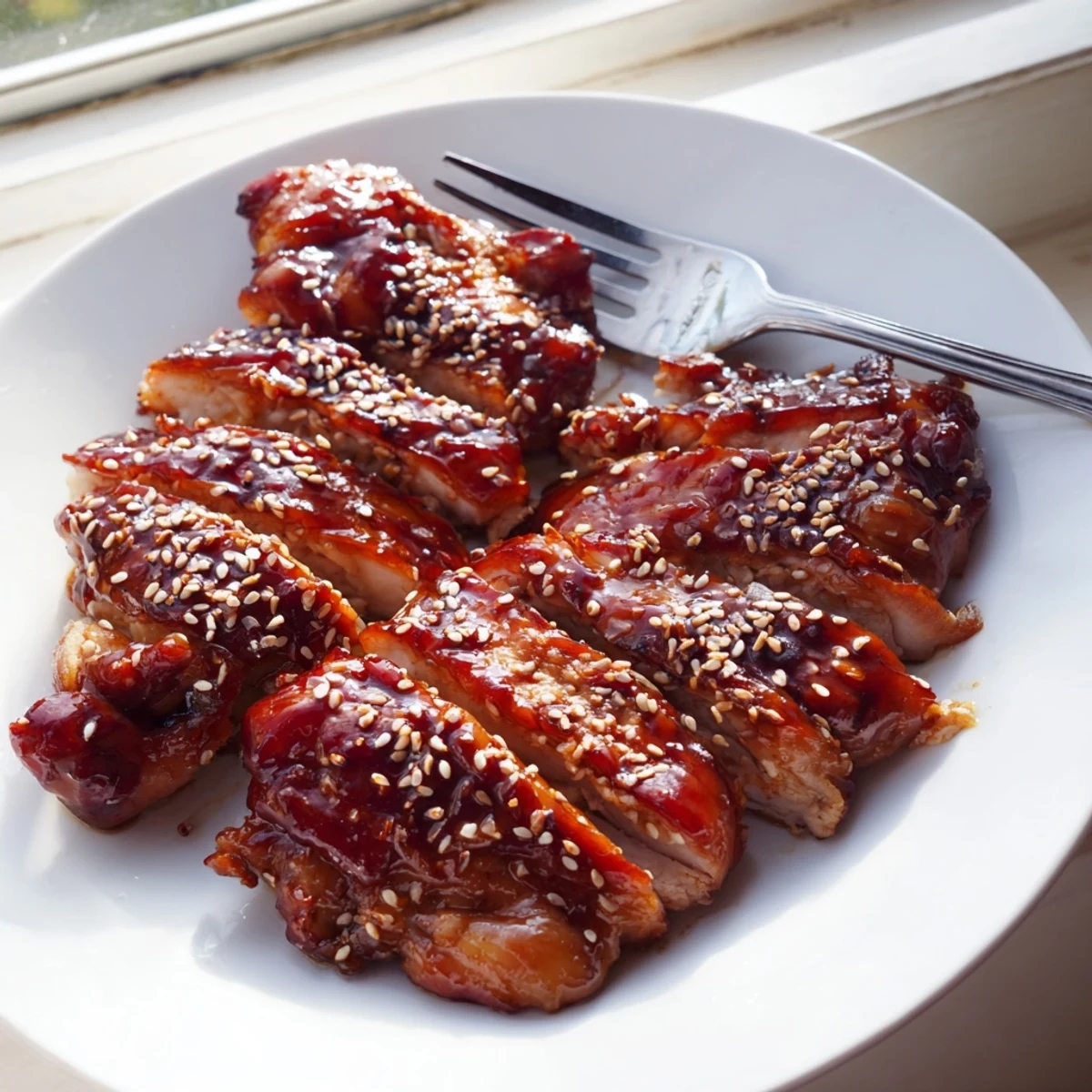 Caramelized Char Siu Chicken thighs glazed with honey hoisin sauce on a wire rack