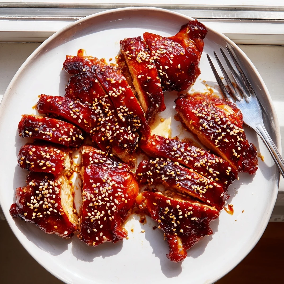 Tender roasted Char Siu Chicken with sticky sweet marinade and caramelized edges served over rice