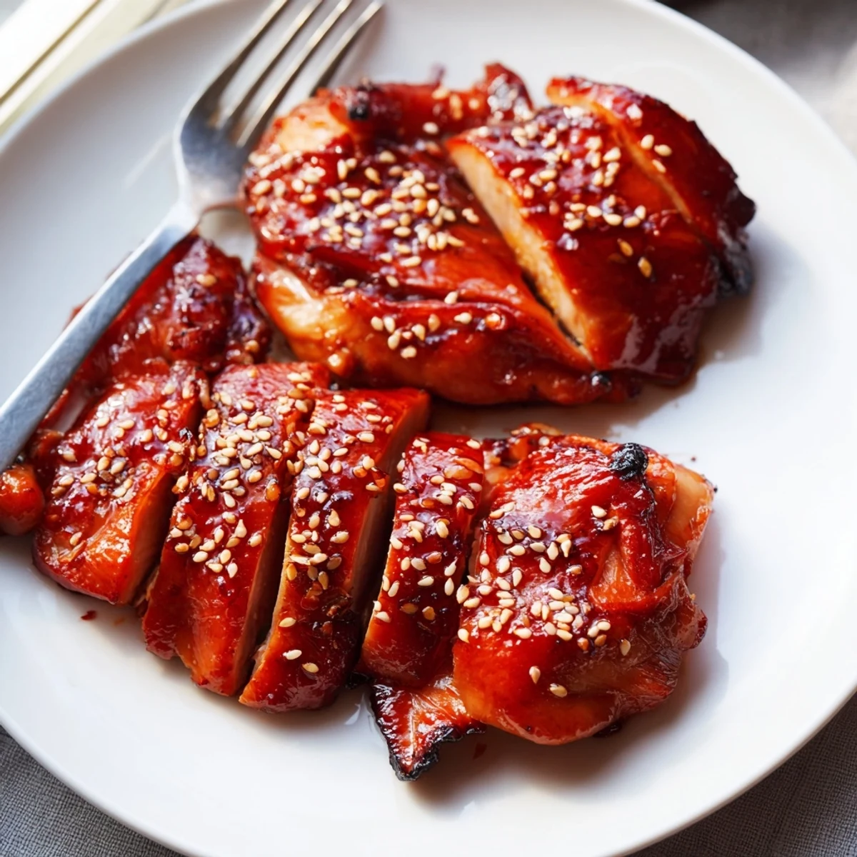 Authentic Cantonese-style Char Siu Chicken with glossy red glaze and sesame seed garnish