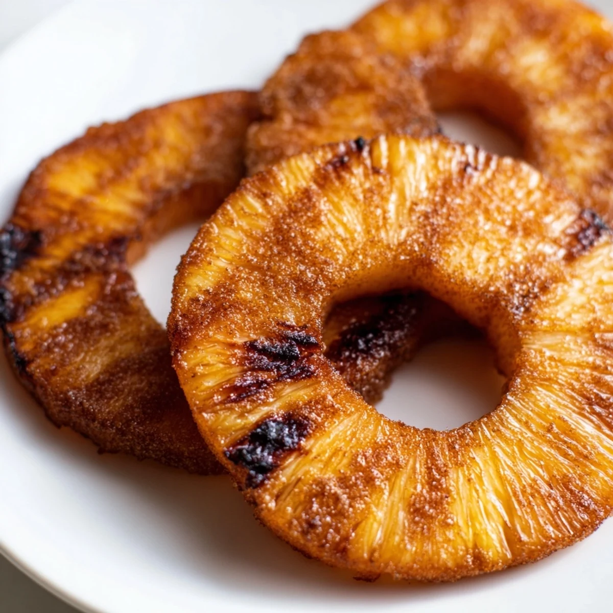 Golden brown air fryer pineapple rings dusted with cinnamon sugar and caramelized to perfection
