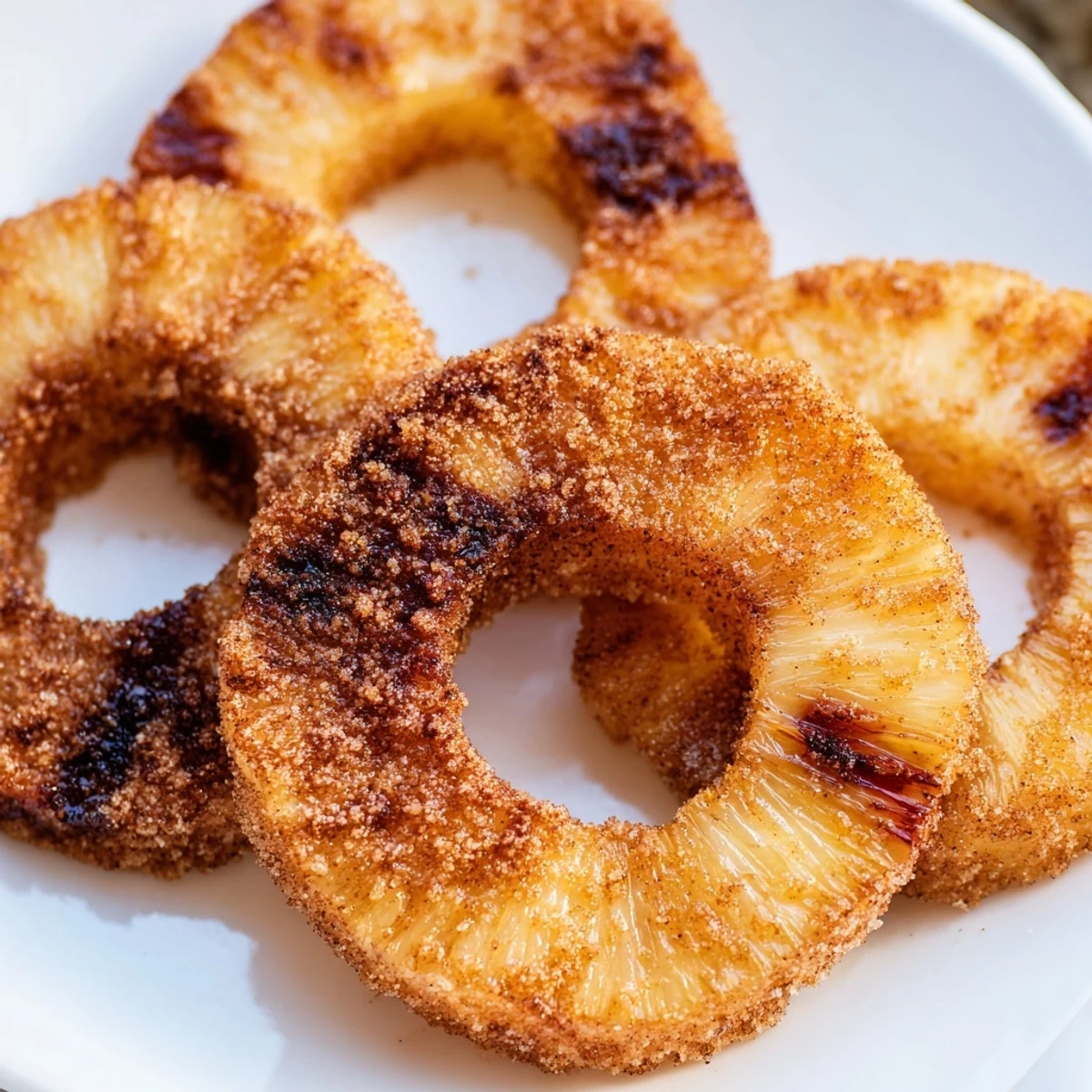 Sweet roasted pineapple slices with warm cinnamon coating arranged on white serving plate