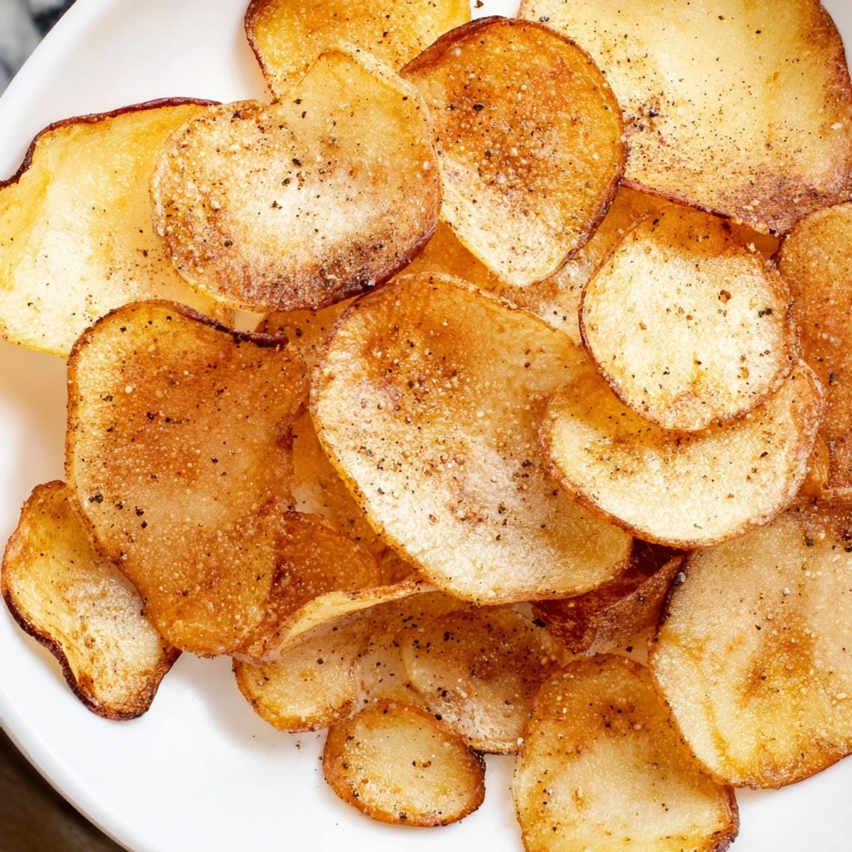 Golden brown air fryer radish chips arranged on a white plate, lightly seasoned with sea salt and black pepper.