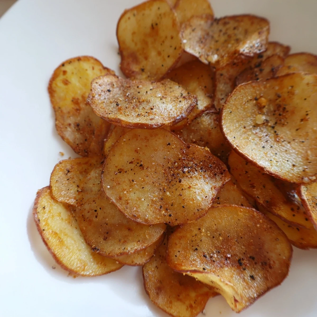 Close-up of crunchy air fryer radish chips stacked in a small bowl, ready for healthy snacking.