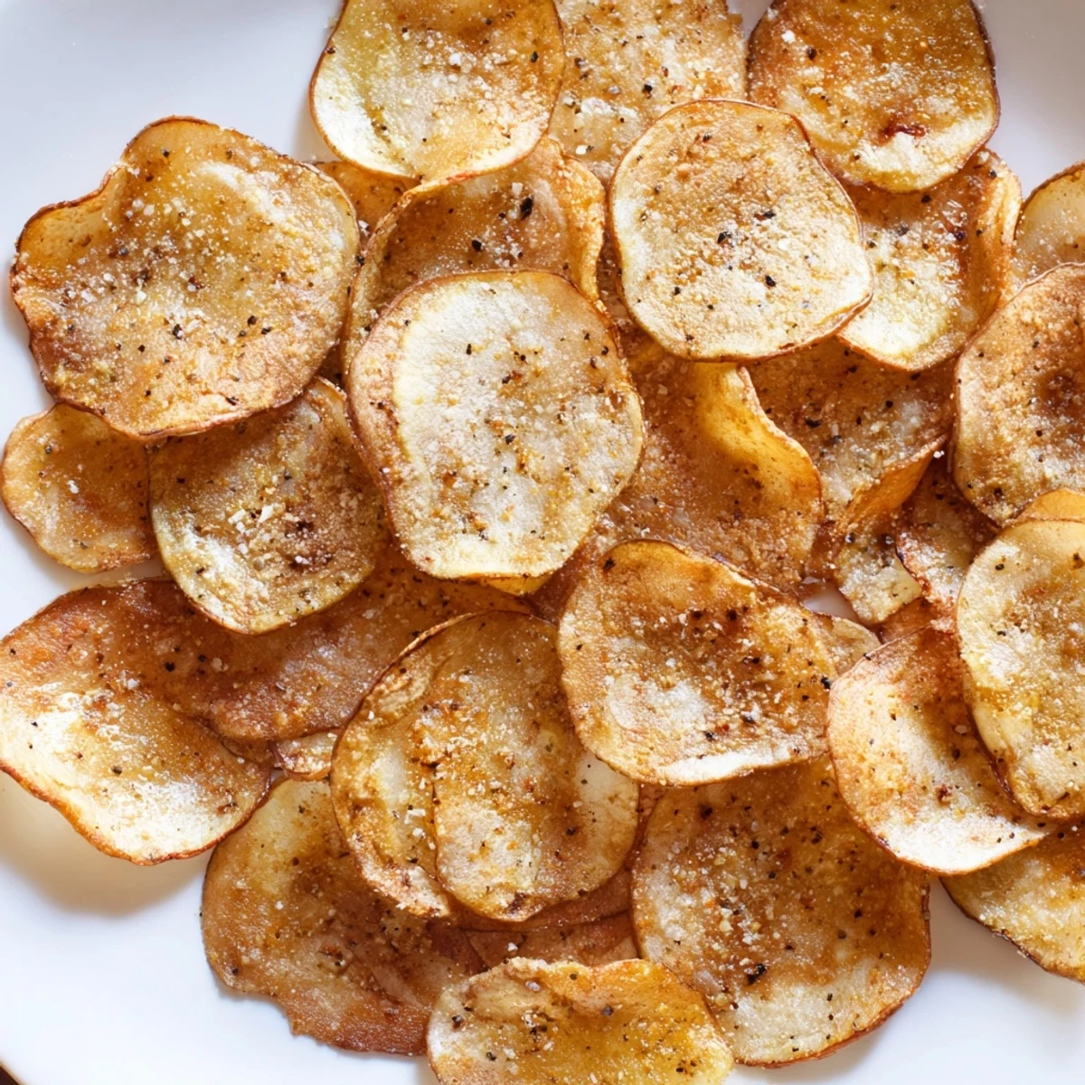 Crispy low-carb radish chips scattered on a wooden board, showing their delicate curled edges and golden texture.