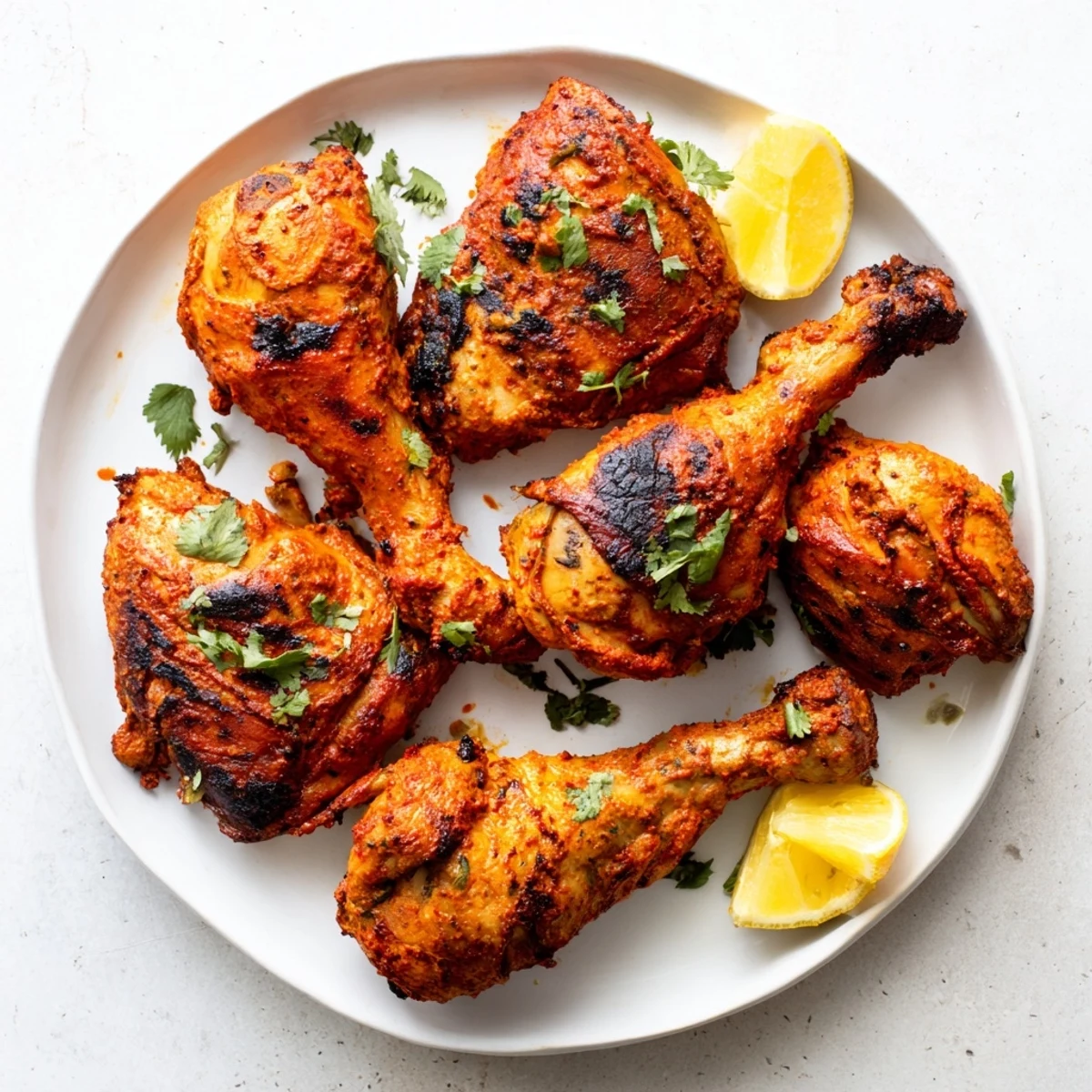 Tandoori chicken recipe featuring succulent spiced yogurt-marinated pieces with charred smoky edges and vibrant red-orange seasoning