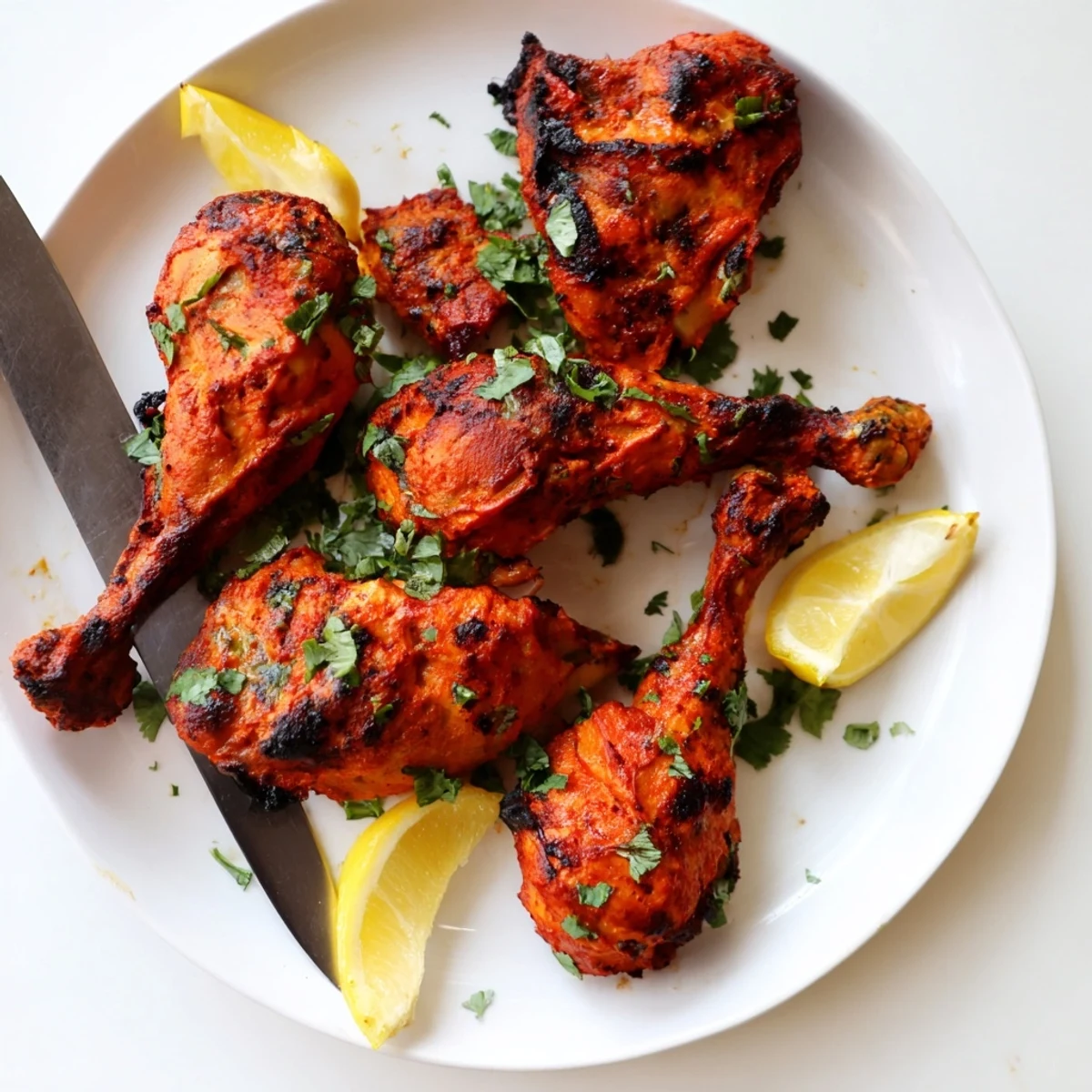 Authentic tandoori chicken recipe displaying golden roasted drumsticks garnished with fresh cilantro and served alongside lemon wedges