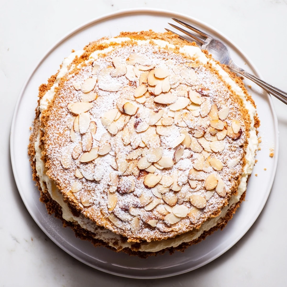 Golden almond cream cake slice showing fluffy layers filled with rich almond frosting and topped with toasted nuts
