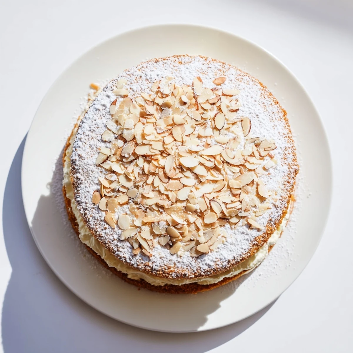 Homemade almond cream cake recipe displaying two tender layers sandwiching creamy almond filling with crunchy almond garnish