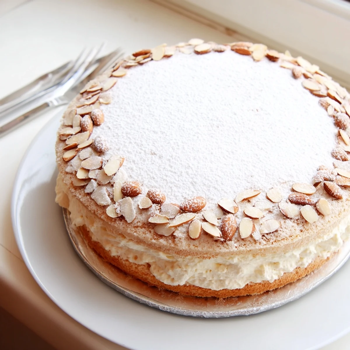 White plate serving moist almond cream cake dusted with powdered sugar and scattered with golden brown sliced almonds